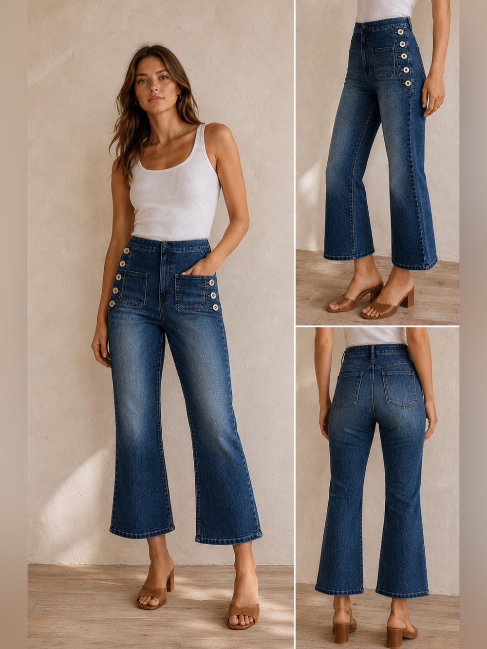 Miu Miu Sailor Button Front High Rise Flare Crop Denim Jeans